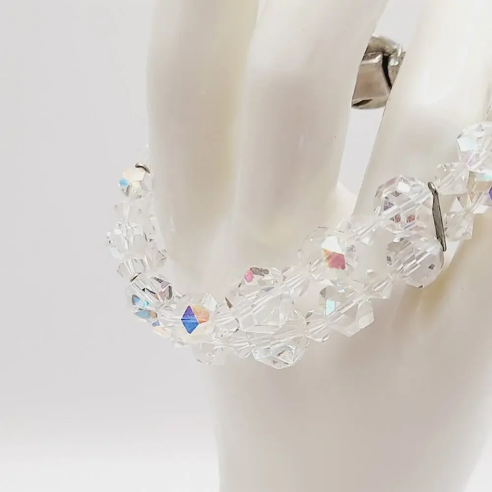 Vintage 1950s Wedding Bracelet, Aurora Borealis Crystal Beads, Rhinestone Clasp